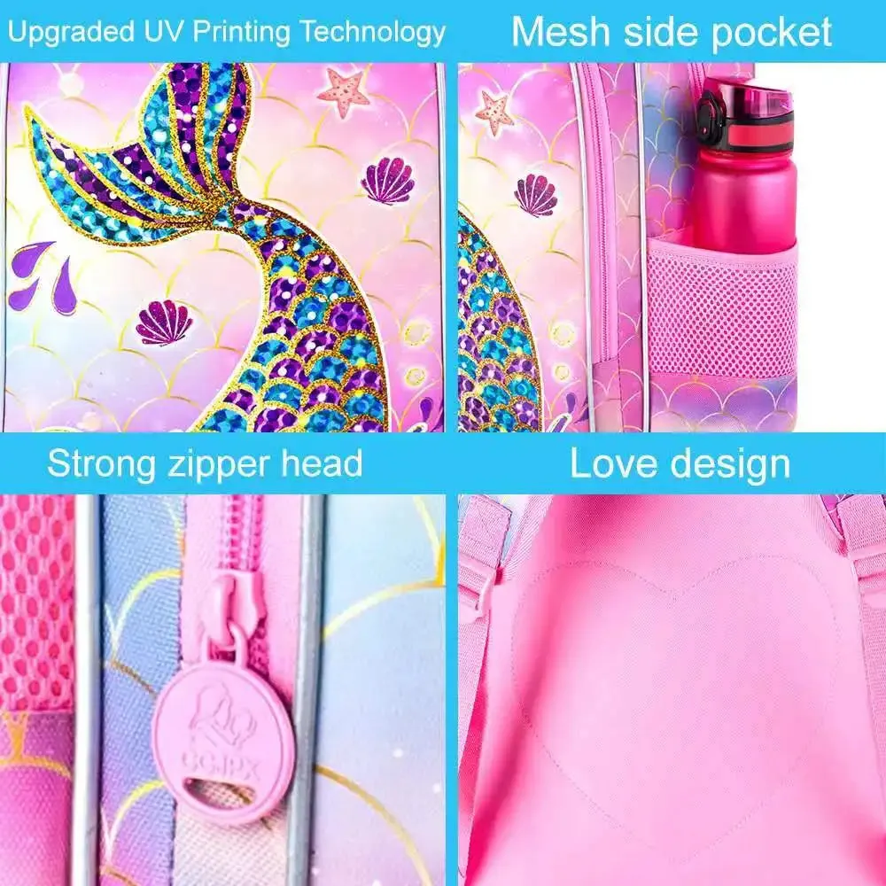 3 Piece Mermaid Backpack Set For Girls Water Resistant With Lunch Box L For Preschool And Toddler