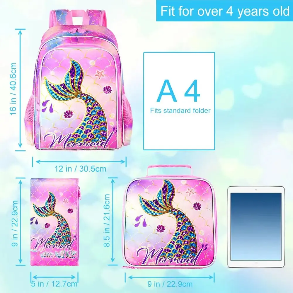 3 Piece Mermaid Backpack Set For Girls Water Resistant With Lunch Box L For Preschool And Toddler
