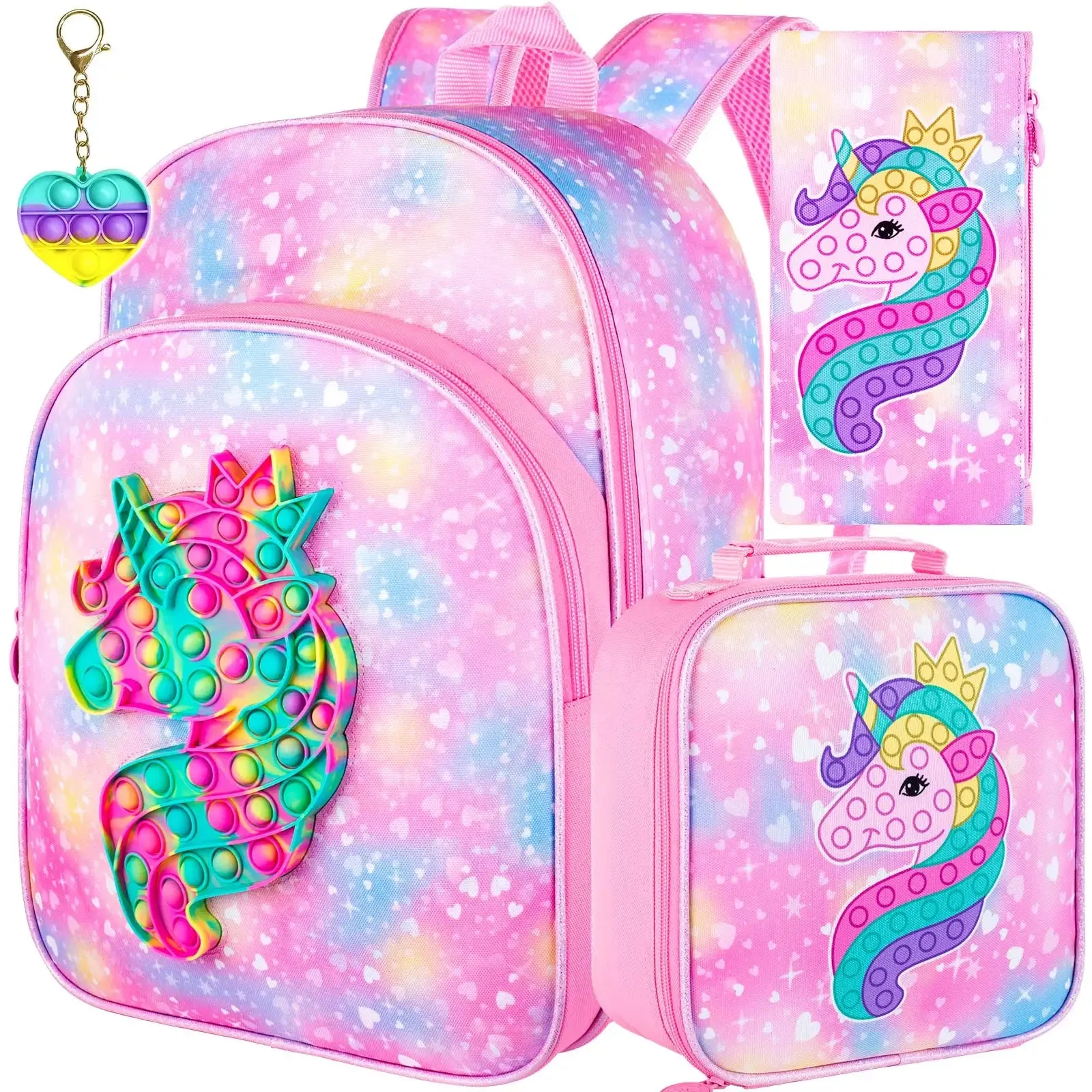3 Piece Unicorn Backpack Set For Girls 16 Inch Bookbag Lunch Box
