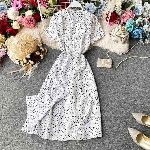 Korean Red elegant sexy Dress women 2020 summer beach V-neck polka dot midi dress waist split dress vestidos de fiesta  clothes
