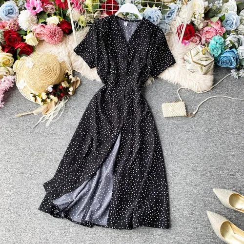 Korean Red elegant sexy Dress women 2020 summer beach V-neck polka dot midi dress waist split dress vestidos de fiesta  clothes