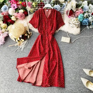 Korean Red elegant sexy Dress women 2020 summer beach V-neck polka dot midi dress waist split dress vestidos de fiesta  clothes