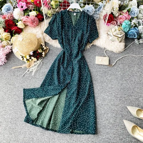 Korean Red elegant sexy Dress women 2020 summer beach V-neck polka dot midi dress waist split dress vestidos de fiesta  clothes