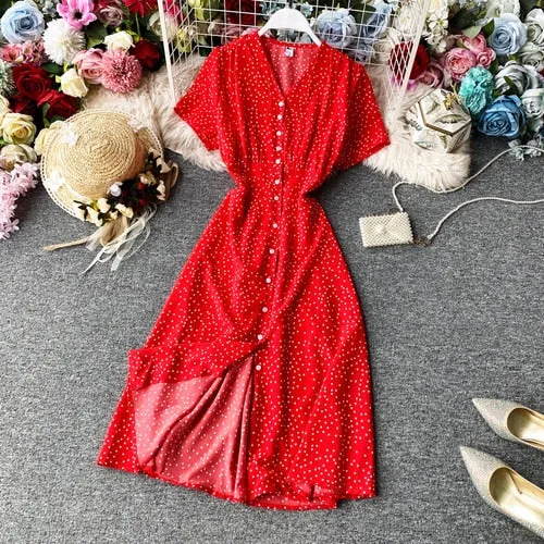 Korean Red elegant sexy Dress women 2020 summer beach V-neck polka dot midi dress waist split dress vestidos de fiesta  clothes