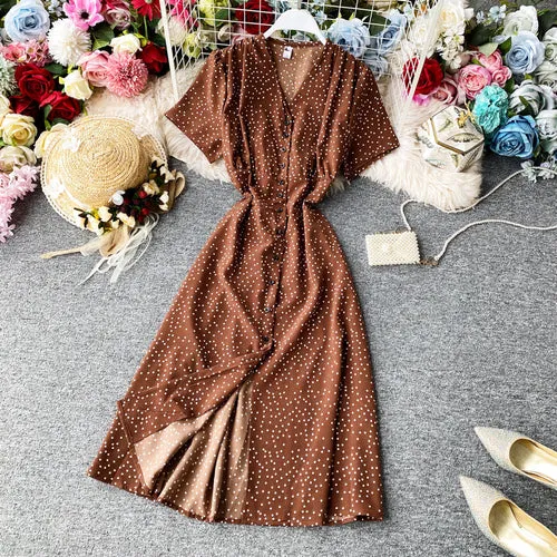 Korean Red elegant sexy Dress women 2020 summer beach V-neck polka dot midi dress waist split dress vestidos de fiesta  clothes