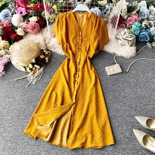 Korean Red elegant sexy Dress women 2020 summer beach V-neck polka dot midi dress waist split dress vestidos de fiesta  clothes