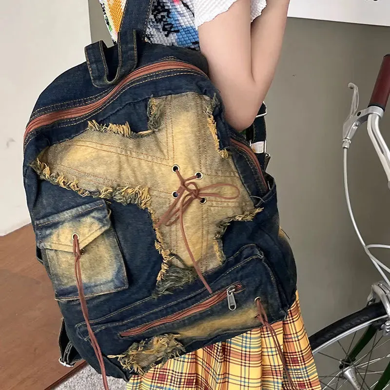 TAVIMART  -  Washed Denim Womens backpack Large Capacity y2k Hot Fashion Designer big Travel Bag Girls  Daypack bagpack casual commuter bag