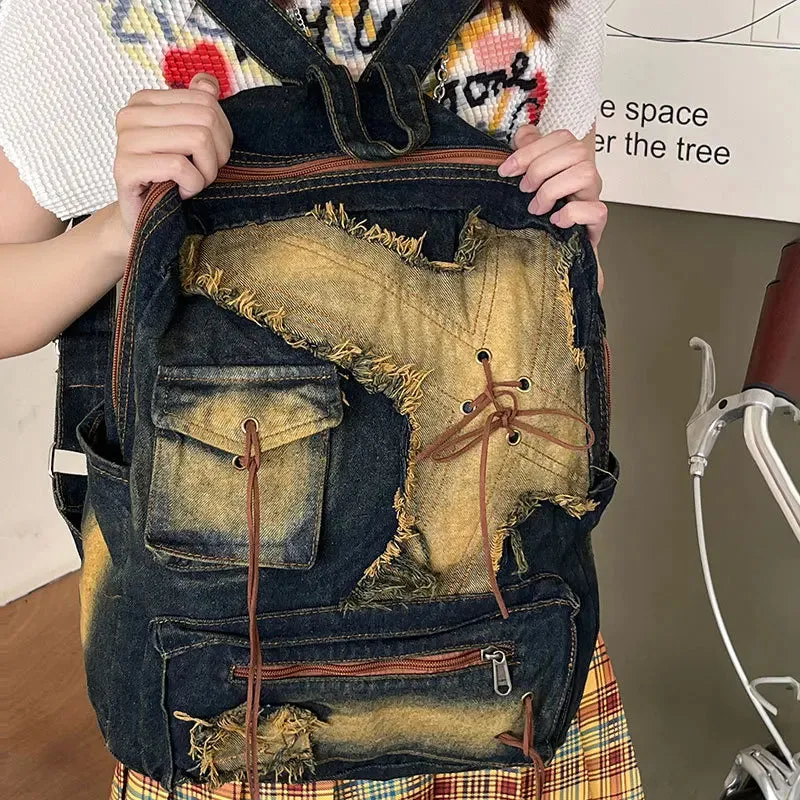 TAVIMART  -  Washed Denim Womens backpack Large Capacity y2k Hot Fashion Designer big Travel Bag Girls  Daypack bagpack casual commuter bag